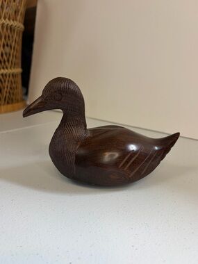Vintage Hand Carved Wood Duck Figurine Dark Ironwood Decor Cabin Man Cave Hunt
